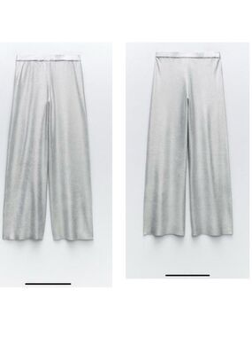 ZARA KNIT METALLIC FOIL SILVER WIDE LEG TROUSERS  PANTS BNWT Sz M Bloggers Fave